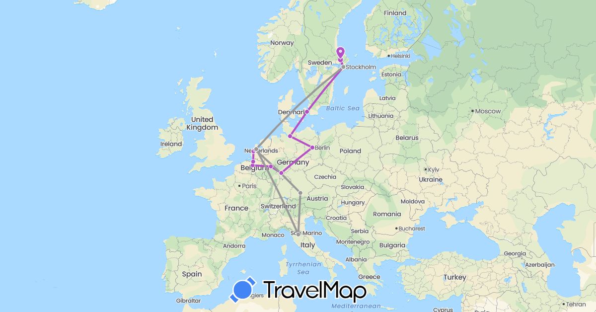 TravelMap itinerary: driving, plane, train in Belgium, Germany, Denmark, Italy, Netherlands, Sweden (Europe)